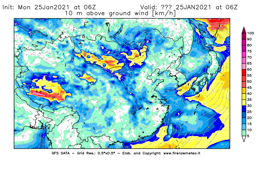Mappa di analisi GFS - Velocità del vento a 10 metri dal suolo [km/h] in Asia Orientale
							del 25/01/2021 06 <!--googleoff: index-->UTC<!--googleon: index-->