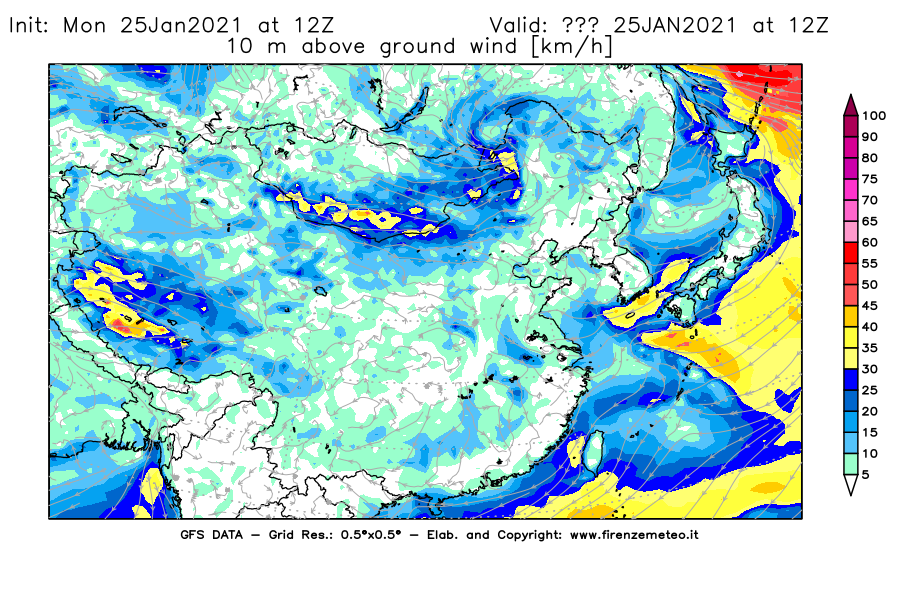 Mappa di analisi GFS - Velocità del vento a 10 metri dal suolo [km/h] in Asia Orientale
							del 25/01/2021 12 <!--googleoff: index-->UTC<!--googleon: index-->