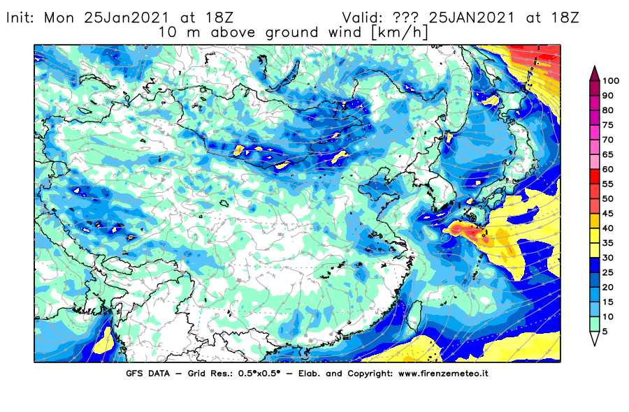 Mappa di analisi GFS - Velocità del vento a 10 metri dal suolo [km/h] in Asia Orientale
							del 25/01/2021 18 <!--googleoff: index-->UTC<!--googleon: index-->