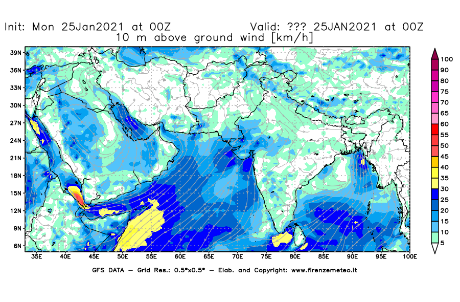 Mappa di analisi GFS - Velocità del vento a 10 metri dal suolo [km/h] in Asia Sud-Occidentale
									del 25/01/2021 00 <!--googleoff: index-->UTC<!--googleon: index-->