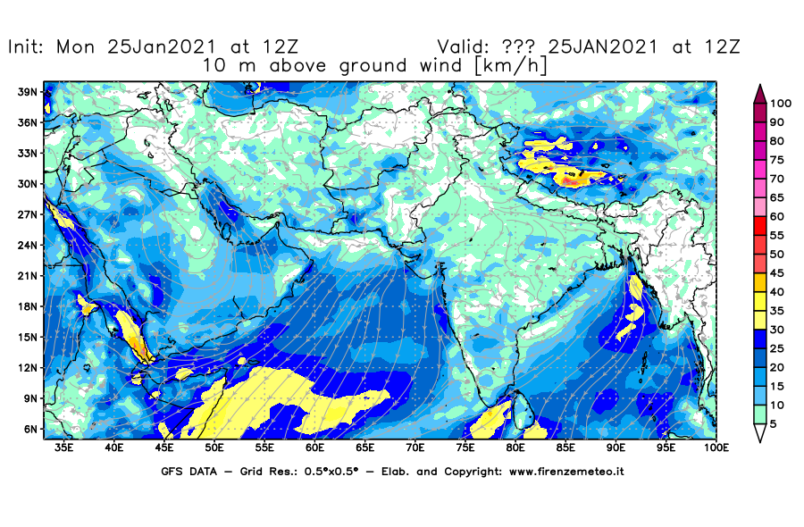 Mappa di analisi GFS - Velocità del vento a 10 metri dal suolo [km/h] in Asia Sud-Occidentale
									del 25/01/2021 12 <!--googleoff: index-->UTC<!--googleon: index-->
