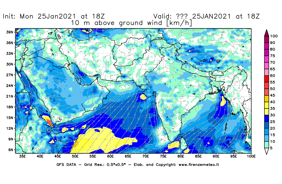 Mappa di analisi GFS - Velocità del vento a 10 metri dal suolo [km/h] in Asia Sud-Occidentale
									del 25/01/2021 18 <!--googleoff: index-->UTC<!--googleon: index-->