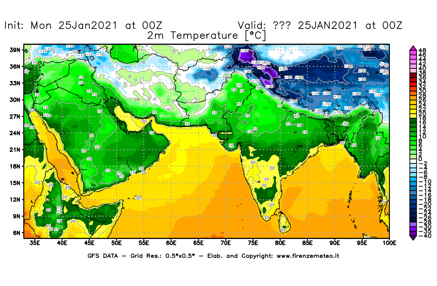 Mappa di analisi GFS - Temperatura a 2 metri dal suolo [°C] in Asia Sud-Occidentale
									del 25/01/2021 00 <!--googleoff: index-->UTC<!--googleon: index-->