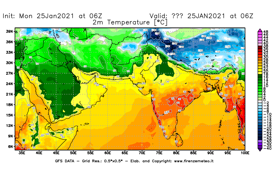 Mappa di analisi GFS - Temperatura a 2 metri dal suolo [°C] in Asia Sud-Occidentale
									del 25/01/2021 06 <!--googleoff: index-->UTC<!--googleon: index-->