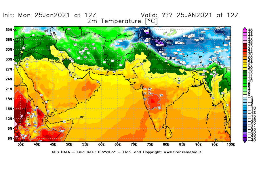 Mappa di analisi GFS - Temperatura a 2 metri dal suolo [°C] in Asia Sud-Occidentale
									del 25/01/2021 12 <!--googleoff: index-->UTC<!--googleon: index-->