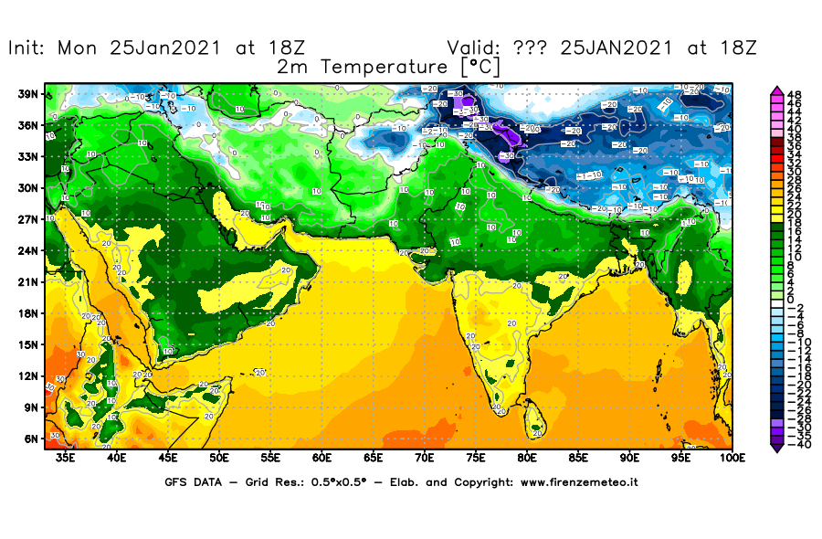 Mappa di analisi GFS - Temperatura a 2 metri dal suolo [°C] in Asia Sud-Occidentale
							del 25/01/2021 18 <!--googleoff: index-->UTC<!--googleon: index-->