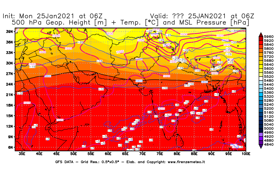 Mappa di analisi GFS - Geopotenziale [m] + Temp. [°C] a 500 hPa + Press. a livello del mare [hPa] in Asia Sud-Occidentale
									del 25/01/2021 06 <!--googleoff: index-->UTC<!--googleon: index-->