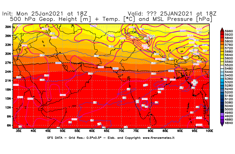 Mappa di analisi GFS - Geopotenziale [m] + Temp. [°C] a 500 hPa + Press. a livello del mare [hPa] in Asia Sud-Occidentale
							del 25/01/2021 18 <!--googleoff: index-->UTC<!--googleon: index-->