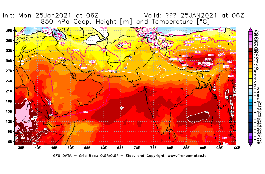 Mappa di analisi GFS - Geopotenziale [m] e Temperatura [°C] a 850 hPa in Asia Sud-Occidentale
									del 25/01/2021 06 <!--googleoff: index-->UTC<!--googleon: index-->