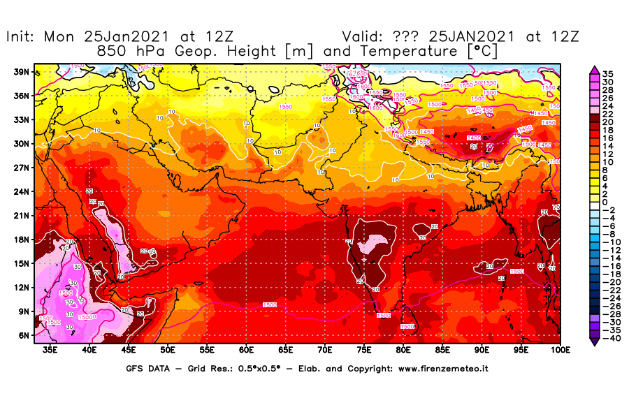 Mappa di analisi GFS - Geopotenziale [m] e Temperatura [°C] a 850 hPa in Asia Sud-Occidentale
							del 25/01/2021 12 <!--googleoff: index-->UTC<!--googleon: index-->