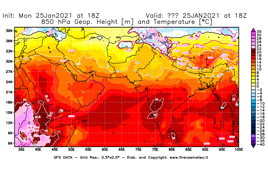 Mappa di analisi GFS - Geopotenziale [m] e Temperatura [°C] a 850 hPa in Asia Sud-Occidentale
									del 25/01/2021 18 <!--googleoff: index-->UTC<!--googleon: index-->