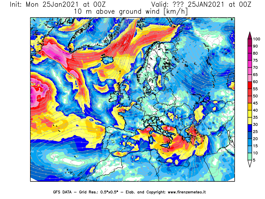 Mappa di analisi GFS - Velocità del vento a 10 metri dal suolo [km/h] in Europa
									del 25/01/2021 00 <!--googleoff: index-->UTC<!--googleon: index-->