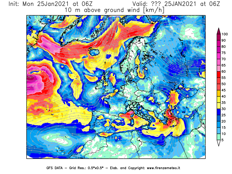 Mappa di analisi GFS - Velocità del vento a 10 metri dal suolo [km/h] in Europa
							del 25/01/2021 06 <!--googleoff: index-->UTC<!--googleon: index-->