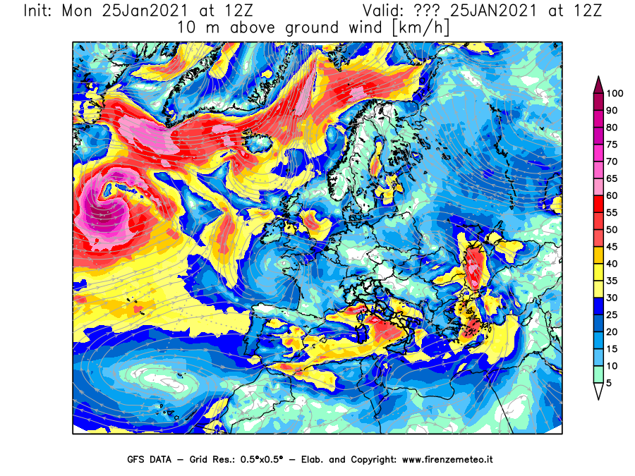 Mappa di analisi GFS - Velocità del vento a 10 metri dal suolo [km/h] in Europa
							del 25/01/2021 12 <!--googleoff: index-->UTC<!--googleon: index-->