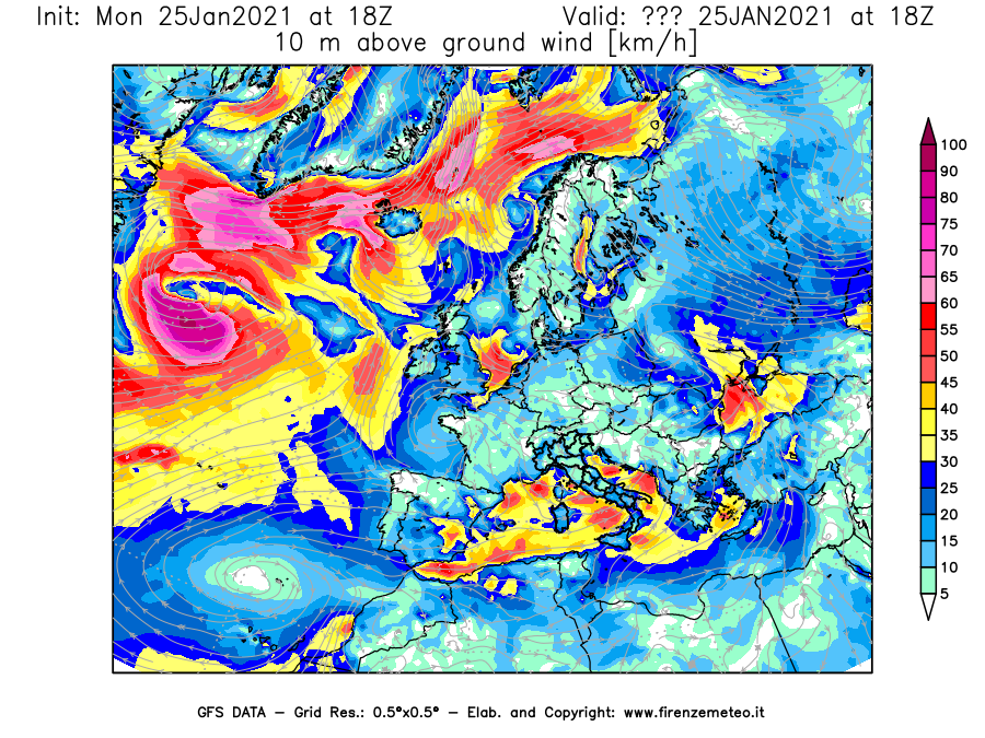 Mappa di analisi GFS - Velocità del vento a 10 metri dal suolo [km/h] in Europa
									del 25/01/2021 18 <!--googleoff: index-->UTC<!--googleon: index-->