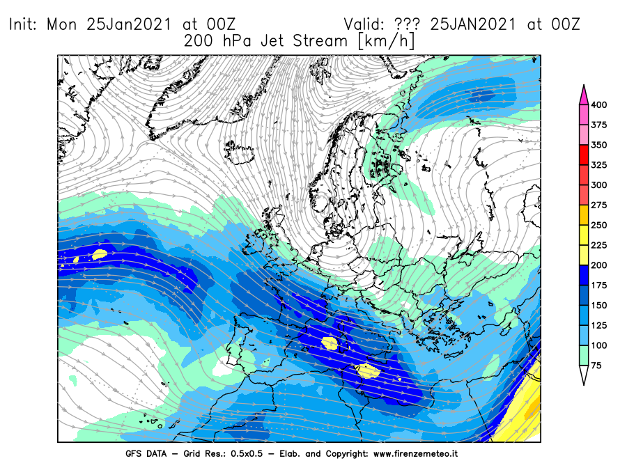 Mappa di analisi GFS - Jet Stream a 200 hPa in Europa
							del 25/01/2021 00 <!--googleoff: index-->UTC<!--googleon: index-->