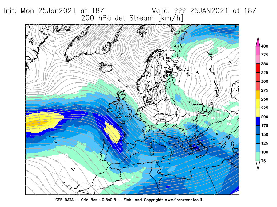 Mappa di analisi GFS - Jet Stream a 200 hPa in Europa
							del 25/01/2021 18 <!--googleoff: index-->UTC<!--googleon: index-->