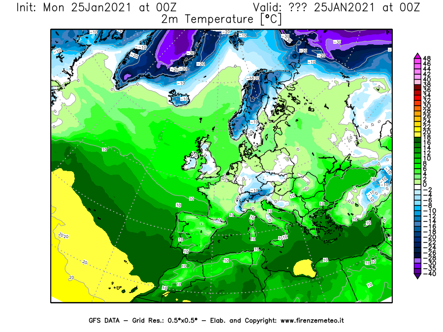 Mappa di analisi GFS - Temperatura a 2 metri dal suolo [°C] in Europa
							del 25/01/2021 00 <!--googleoff: index-->UTC<!--googleon: index-->