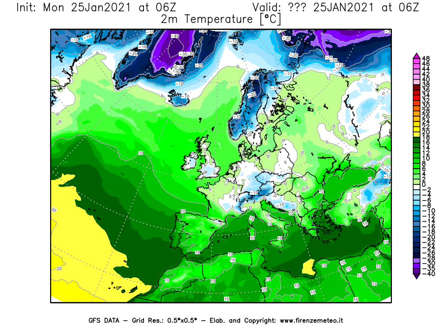 Mappa di analisi GFS - Temperatura a 2 metri dal suolo [°C] in Europa
							del 25/01/2021 06 <!--googleoff: index-->UTC<!--googleon: index-->