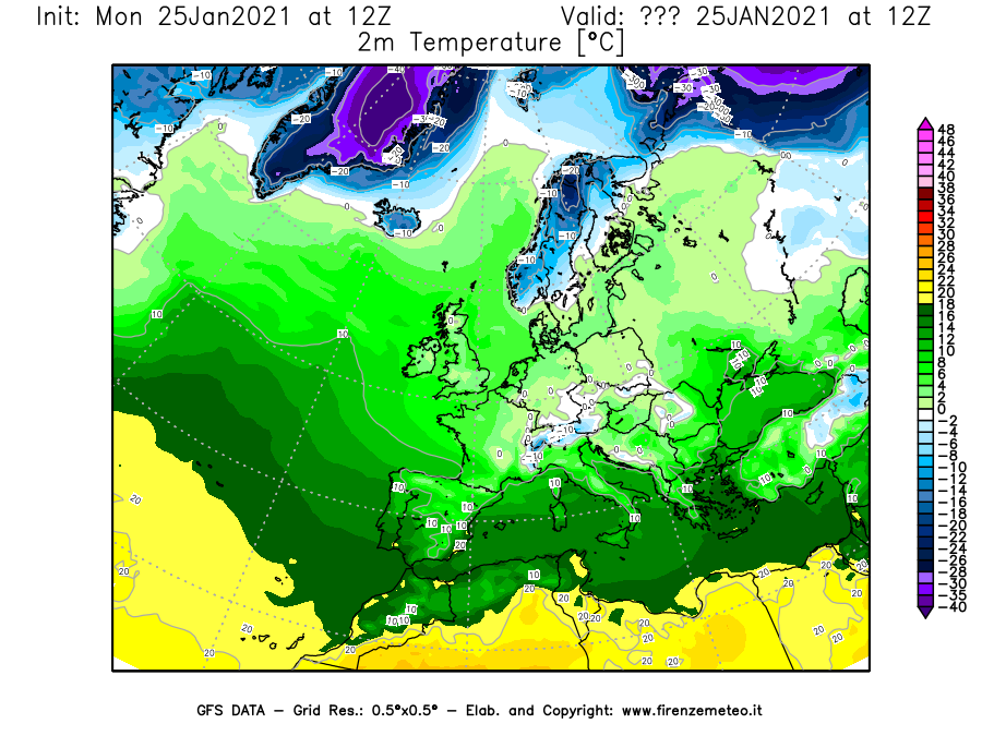 Mappa di analisi GFS - Temperatura a 2 metri dal suolo [°C] in Europa
							del 25/01/2021 12 <!--googleoff: index-->UTC<!--googleon: index-->