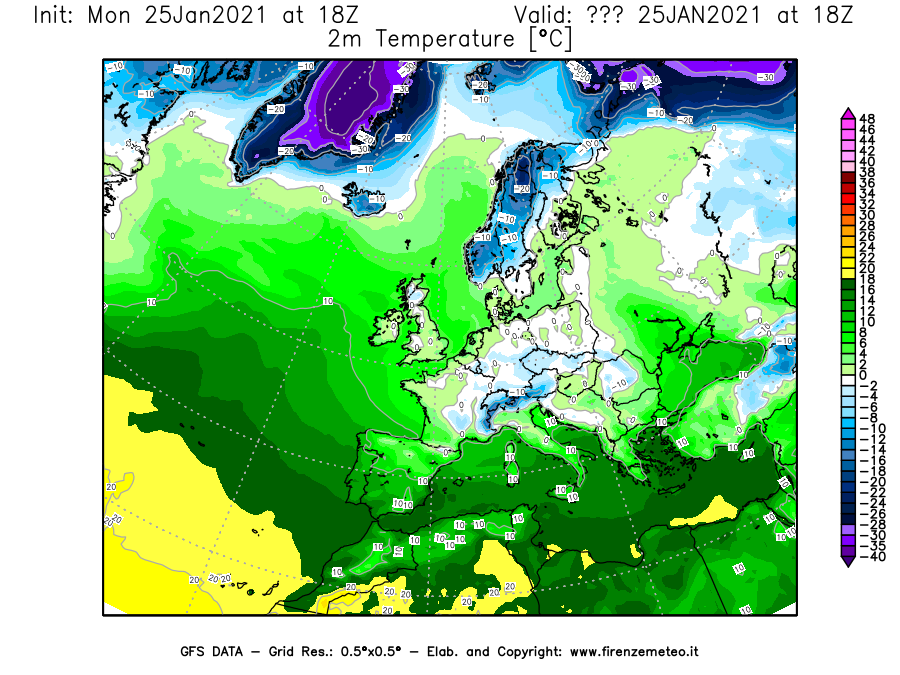 Mappa di analisi GFS - Temperatura a 2 metri dal suolo [°C] in Europa
							del 25/01/2021 18 <!--googleoff: index-->UTC<!--googleon: index-->