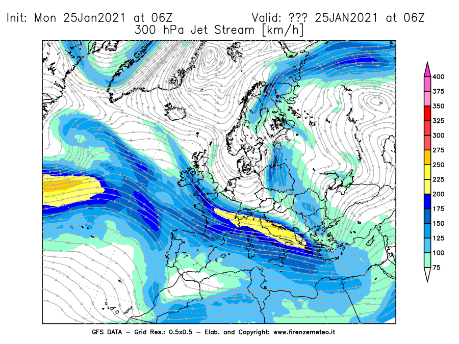 Mappa di analisi GFS - Jet Stream a 300 hPa in Europa
									del 25/01/2021 06 <!--googleoff: index-->UTC<!--googleon: index-->