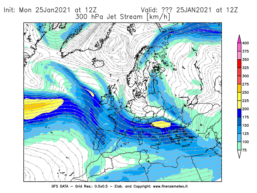 Mappa di analisi GFS - Jet Stream a 300 hPa in Europa
									del 25/01/2021 12 <!--googleoff: index-->UTC<!--googleon: index-->
