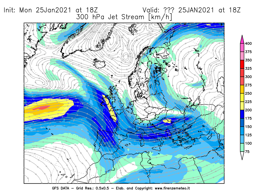 Mappa di analisi GFS - Jet Stream a 300 hPa in Europa
									del 25/01/2021 18 <!--googleoff: index-->UTC<!--googleon: index-->