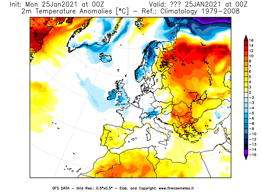 Mappa di analisi GFS - Anomalia Temperatura [°C] a 2 m in Europa
									del 25/01/2021 00 <!--googleoff: index-->UTC<!--googleon: index-->