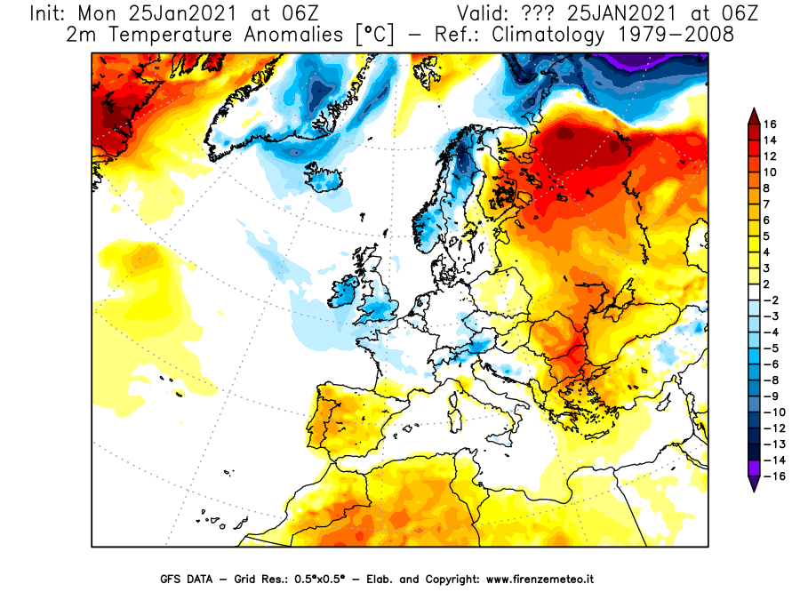 Mappa di analisi GFS - Anomalia Temperatura [°C] a 2 m in Europa
							del 25/01/2021 06 <!--googleoff: index-->UTC<!--googleon: index-->