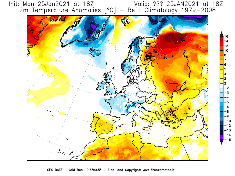 Mappa di analisi GFS - Anomalia Temperatura [°C] a 2 m in Europa
							del 25/01/2021 18 <!--googleoff: index-->UTC<!--googleon: index-->