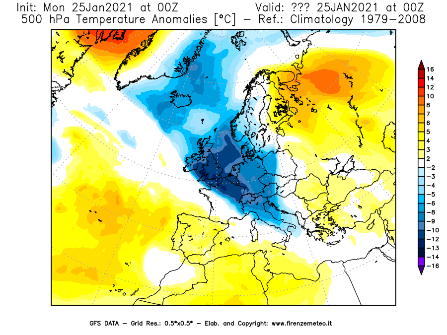 Mappa di analisi GFS - Anomalia Temperatura [°C] a 500 hPa in Europa
									del 25/01/2021 00 <!--googleoff: index-->UTC<!--googleon: index-->