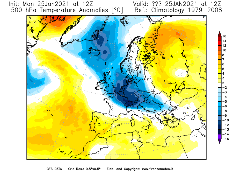 Mappa di analisi GFS - Anomalia Temperatura [°C] a 500 hPa in Europa
							del 25/01/2021 12 <!--googleoff: index-->UTC<!--googleon: index-->
