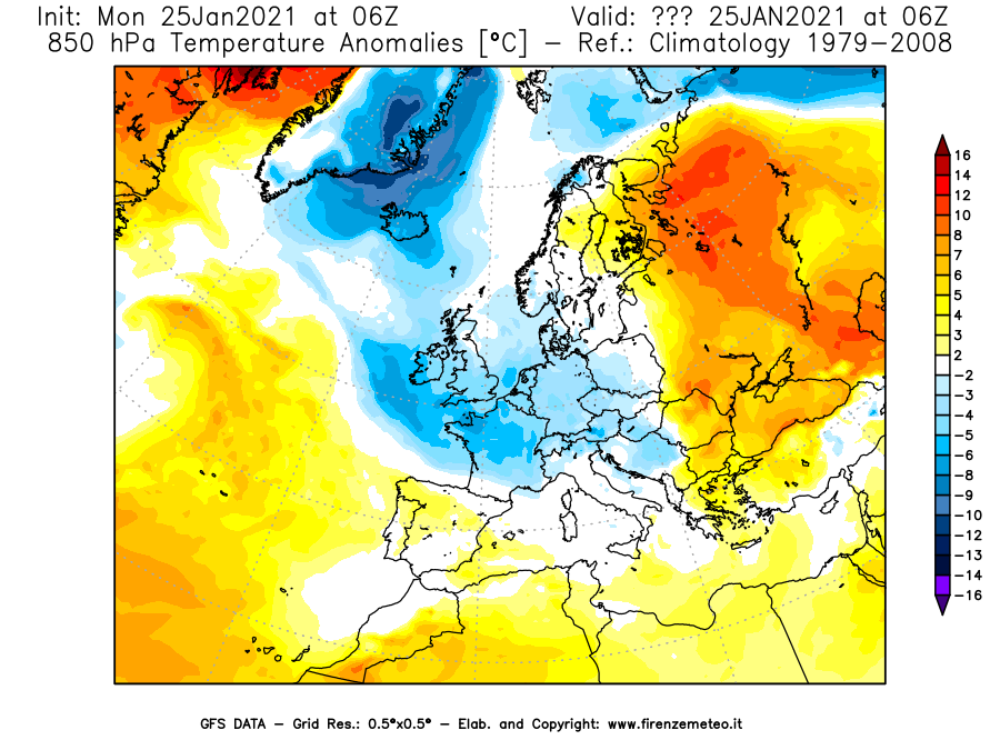 Mappa di analisi GFS - Anomalia Temperatura [°C] a 850 hPa in Europa
									del 25/01/2021 06 <!--googleoff: index-->UTC<!--googleon: index-->