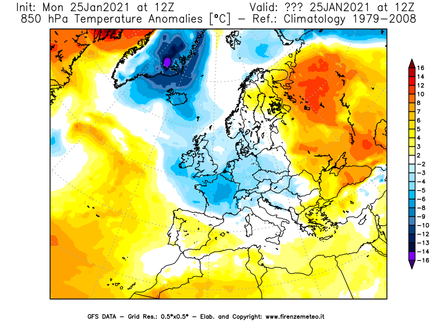 Mappa di analisi GFS - Anomalia Temperatura [°C] a 850 hPa in Europa
							del 25/01/2021 12 <!--googleoff: index-->UTC<!--googleon: index-->