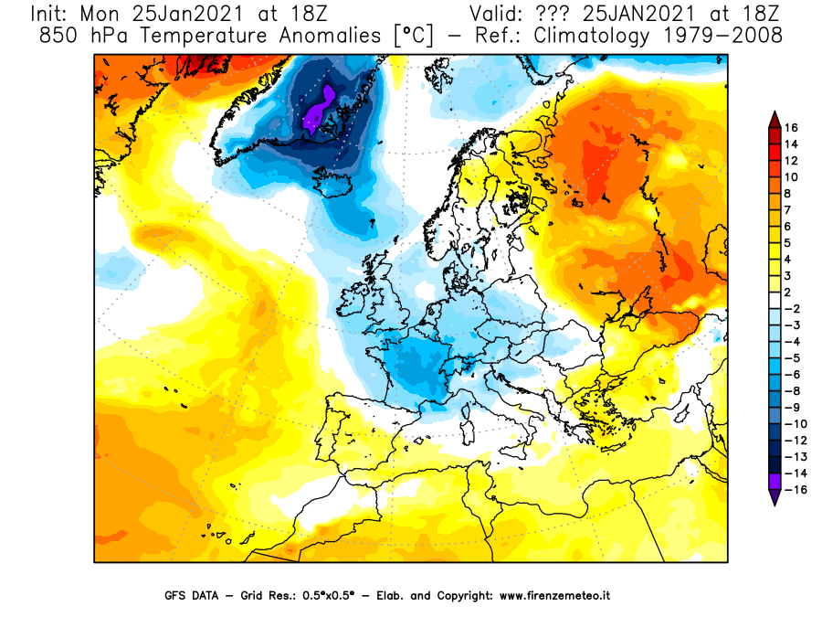 Mappa di analisi GFS - Anomalia Temperatura [°C] a 850 hPa in Europa
									del 25/01/2021 18 <!--googleoff: index-->UTC<!--googleon: index-->
