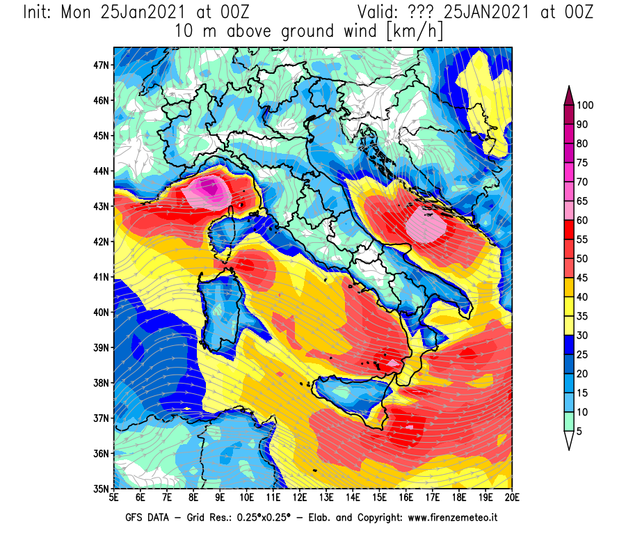 Mappa di analisi GFS - Velocità del vento a 10 metri dal suolo [km/h] in Italia
							del 25/01/2021 00 <!--googleoff: index-->UTC<!--googleon: index-->