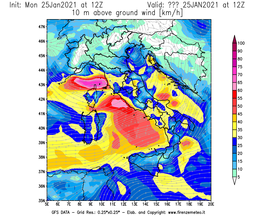 Mappa di analisi GFS - Velocità del vento a 10 metri dal suolo [km/h] in Italia
							del 25/01/2021 12 <!--googleoff: index-->UTC<!--googleon: index-->