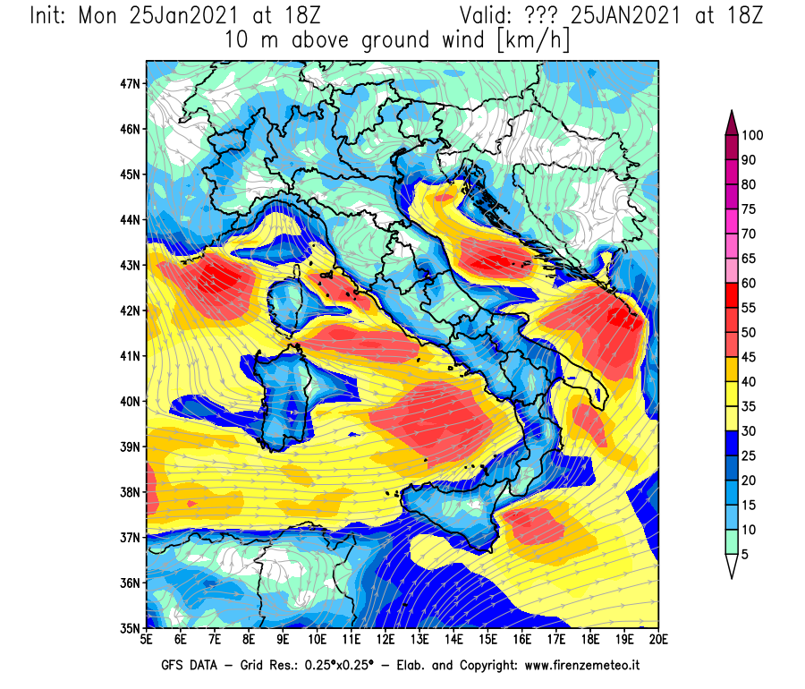 Mappa di analisi GFS - Velocità del vento a 10 metri dal suolo [km/h] in Italia
									del 25/01/2021 18 <!--googleoff: index-->UTC<!--googleon: index-->