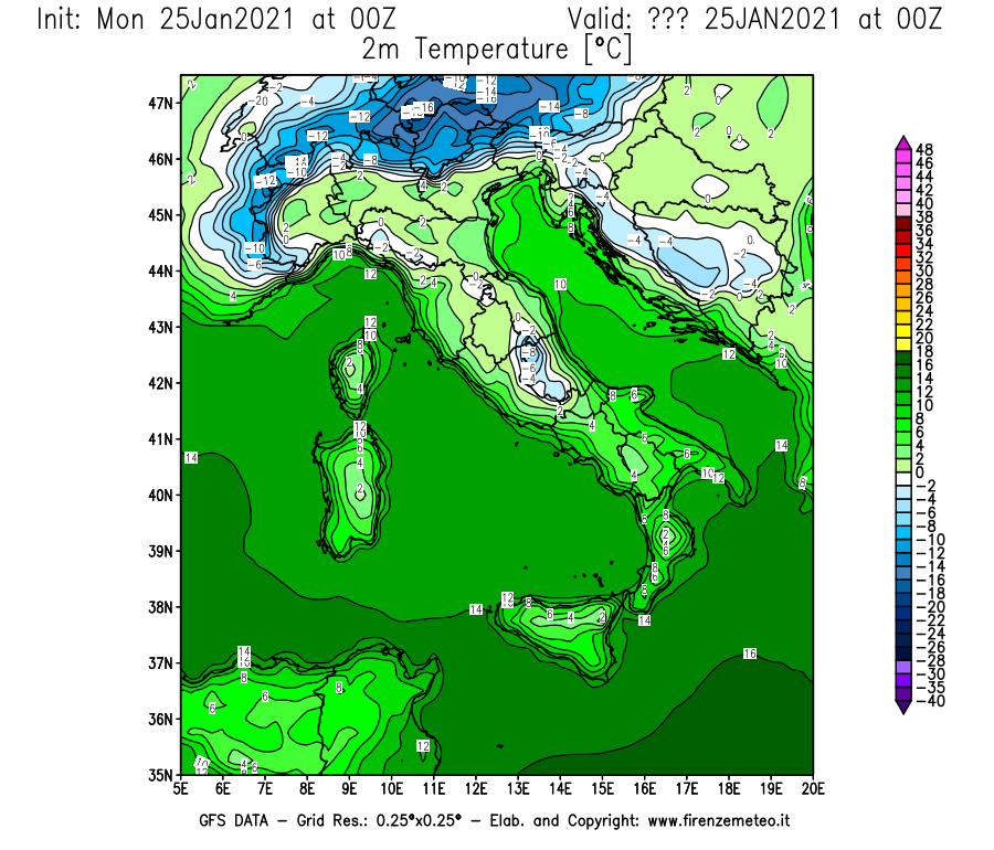 Mappa di analisi GFS - Temperatura a 2 metri dal suolo [°C] in Italia
							del 25/01/2021 00 <!--googleoff: index-->UTC<!--googleon: index-->
