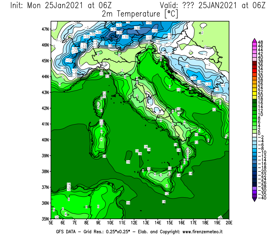 Mappa di analisi GFS - Temperatura a 2 metri dal suolo [°C] in Italia
							del 25/01/2021 06 <!--googleoff: index-->UTC<!--googleon: index-->