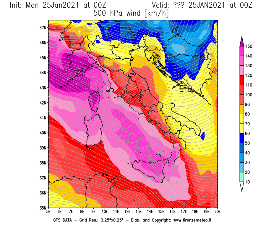 Mappa di analisi GFS - Velocità del vento a 500 hPa [km/h] in Italia
							del 25/01/2021 00 <!--googleoff: index-->UTC<!--googleon: index-->