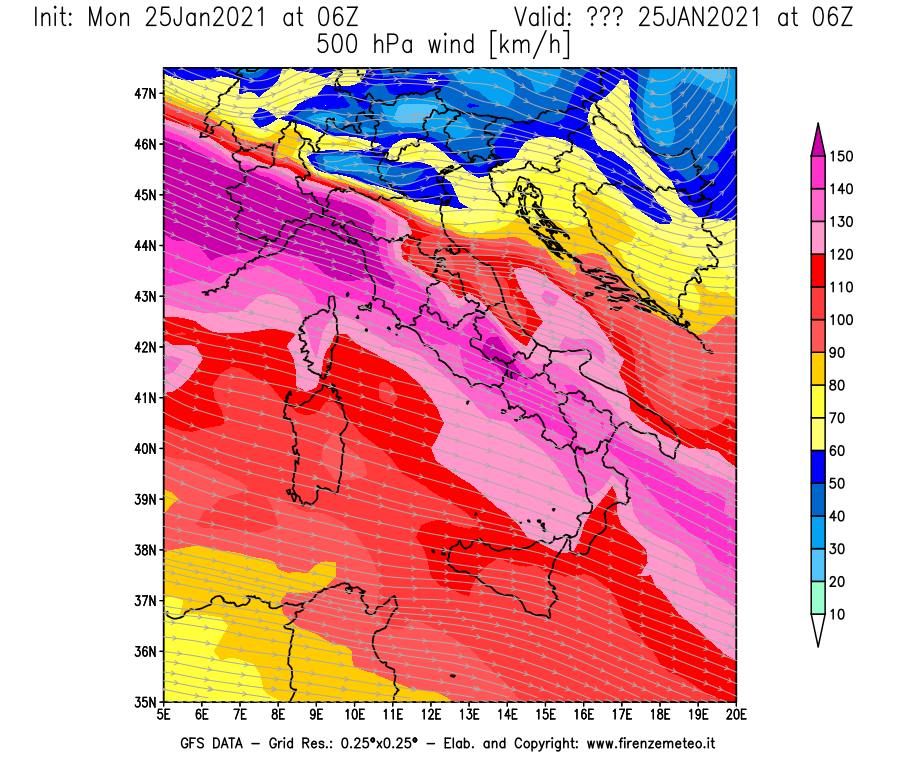 Mappa di analisi GFS - Velocità del vento a 500 hPa [km/h] in Italia
							del 25/01/2021 06 <!--googleoff: index-->UTC<!--googleon: index-->