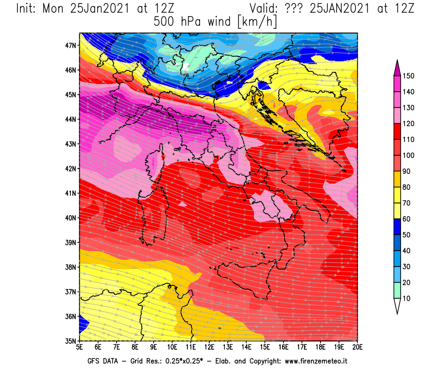 Mappa di analisi GFS - Velocità del vento a 500 hPa [km/h] in Italia
							del 25/01/2021 12 <!--googleoff: index-->UTC<!--googleon: index-->