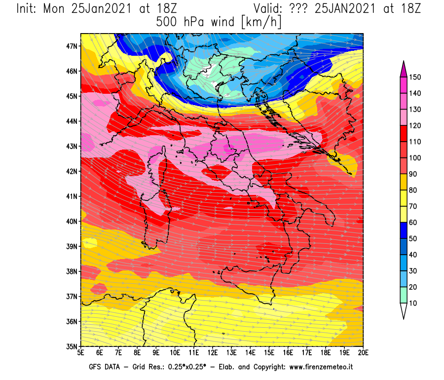 Mappa di analisi GFS - Velocità del vento a 500 hPa [km/h] in Italia
									del 25/01/2021 18 <!--googleoff: index-->UTC<!--googleon: index-->