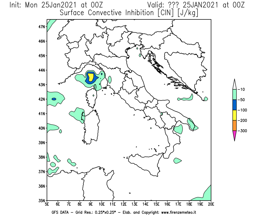 Mappa di analisi GFS - CIN [J/kg] in Italia
							del 25/01/2021 00 <!--googleoff: index-->UTC<!--googleon: index-->