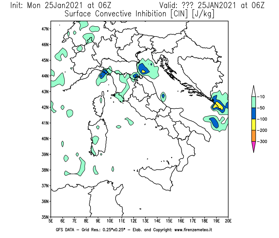 Mappa di analisi GFS - CIN [J/kg] in Italia
									del 25/01/2021 06 <!--googleoff: index-->UTC<!--googleon: index-->