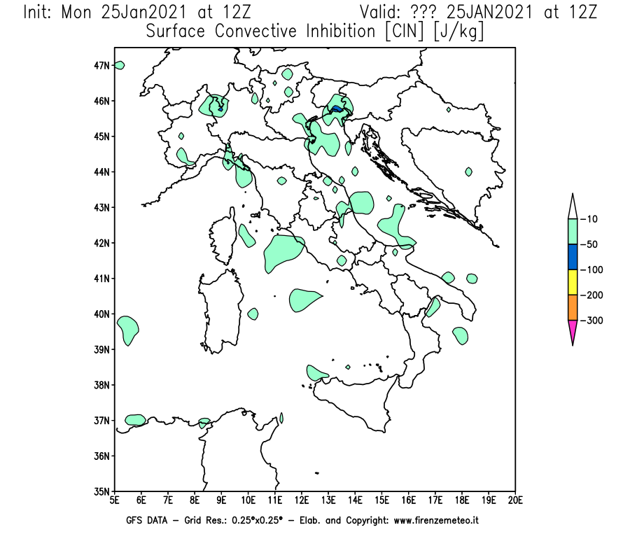 Mappa di analisi GFS - CIN [J/kg] in Italia
							del 25/01/2021 12 <!--googleoff: index-->UTC<!--googleon: index-->