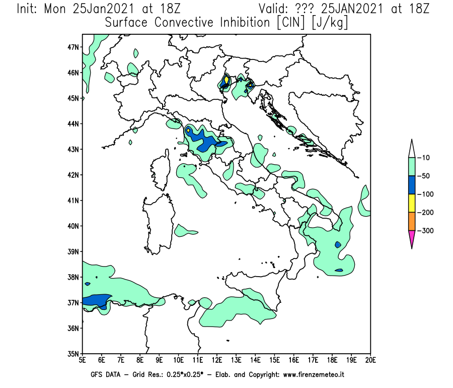 Mappa di analisi GFS - CIN [J/kg] in Italia
									del 25/01/2021 18 <!--googleoff: index-->UTC<!--googleon: index-->