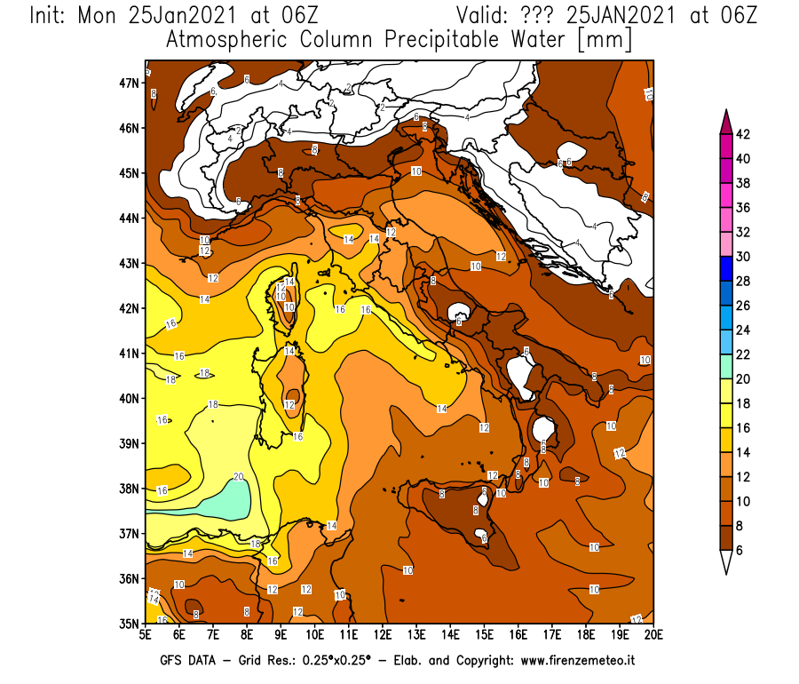 Mappa di analisi GFS - Precipitable Water [mm] in Italia
									del 25/01/2021 06 <!--googleoff: index-->UTC<!--googleon: index-->